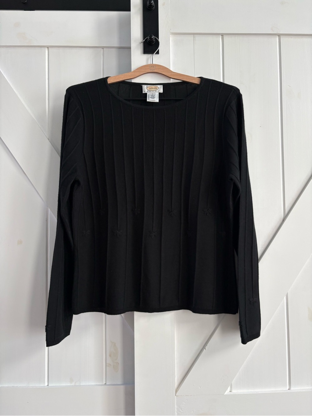 Talbots Petites Vintage Black Silk Cashmere Cotton Blend Ribbed Floral Sweater